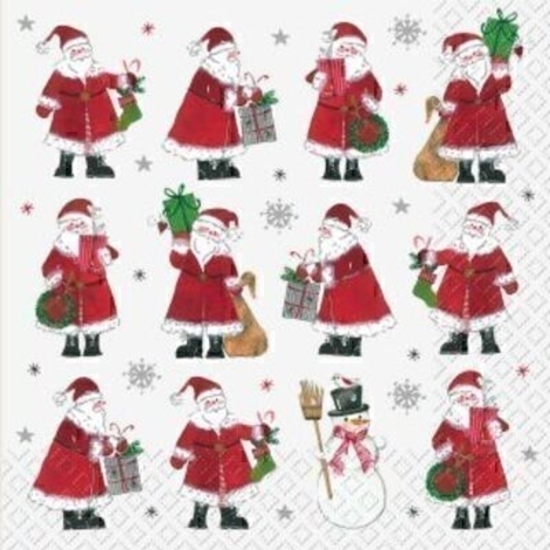 Beautiful Red Santa Christmas napkins showing Santa filling stockings with presents by Swiss designer Stewo. 6 napkins in a pack. 3-ply. Size: 33x33cm. Environmentally friendly cellulose printed with water-based inks.